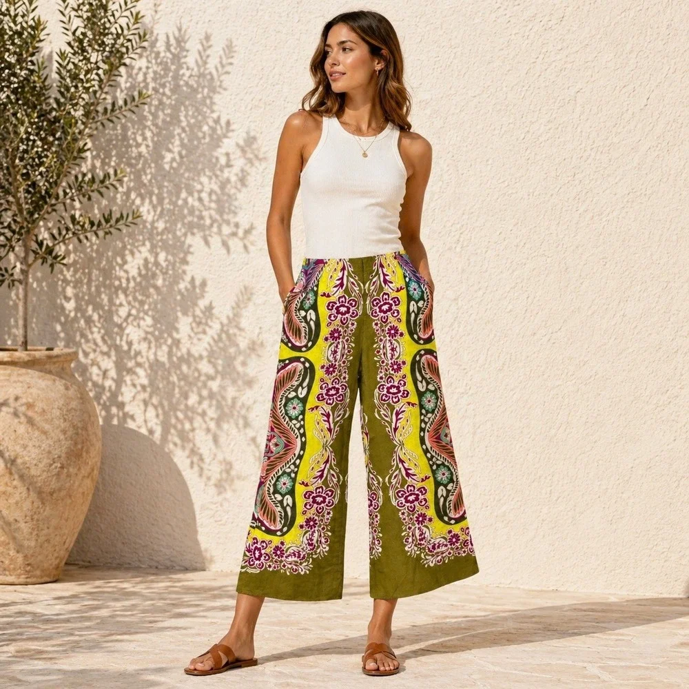 Zara Womens Boho Linen Crop Pants M Wide Leg Paisley Festival Statement Coastal